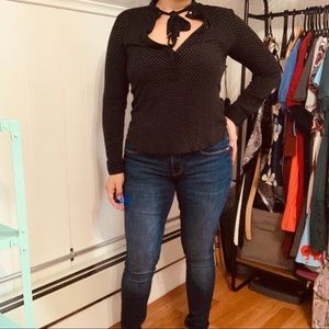 Zara Tie Up Black Poca Dot Blouse Button Up